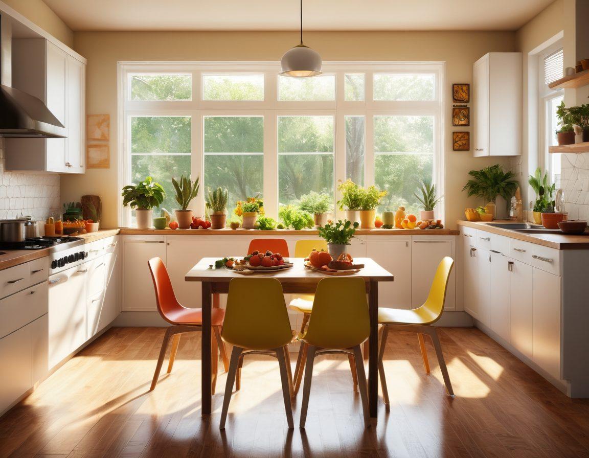 A cozy kitchen filled with modern appliances like a sleek oven, a stylish refrigerator, and a warm wooden dining table. Sunlight streaming through the window, casting gentle shadows, with colorful fruits and plants for added warmth. A family gathering around the table, laughing and cooking together, evoking feelings of love and togetherness. super-realistic. vibrant colors. warm tones.