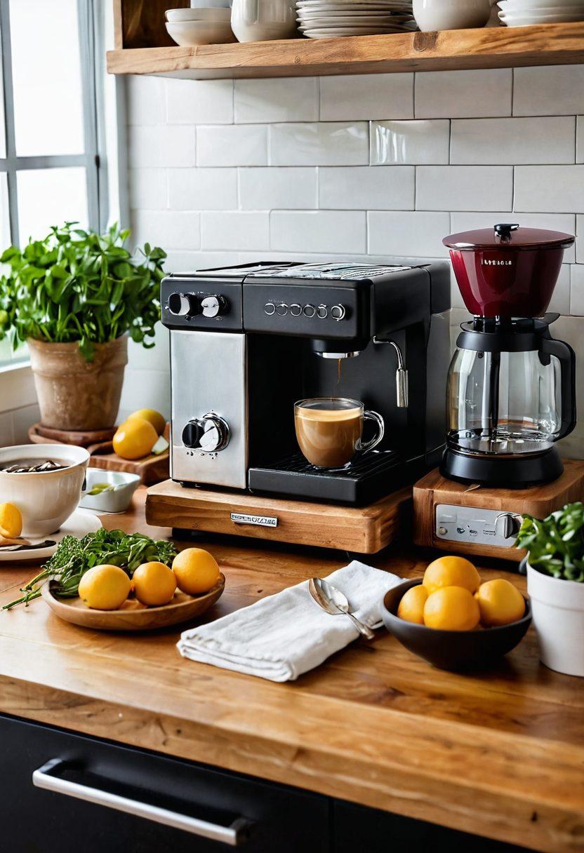 A cozy kitchen scene featuring a variety of modern electrical appliances like a sleek espresso machine, a stylish toaster, and a shiny stand mixer on a wooden countertop. Include fresh ingredients like herbs and fruits, with warm, inviting lighting that highlights the appliances' features. An open cookbook sits nearby, suggesting a nurturing home environment. The background can feature soft, pastel colors to enhance the vibe. super-realistic. warm tones. bright highlights.