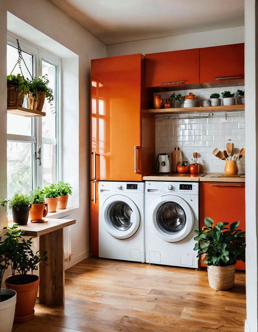A cozy home interior showcasing various beautifully arranged appliances that add warmth and character, such as a stylish refrigerator, an elegant stove, and a charming washing machine. The spaces should be filled with greenery and decorative elements reflecting love and affection, with soft lighting creating an inviting atmosphere. Include a family interacting happily in the background, symbolizing the impact of these appliances in daily life. warm tones. super-realistic. vibrant colors.